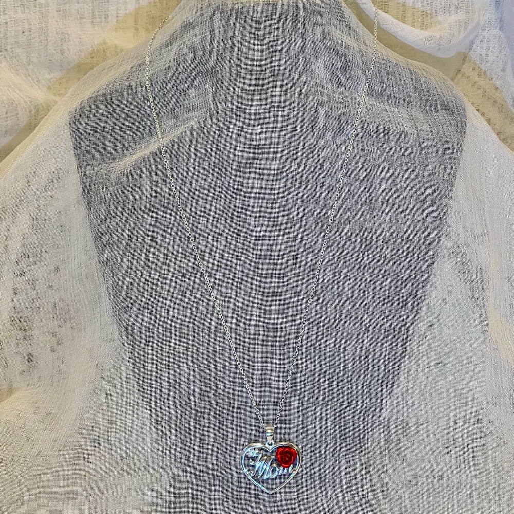 Sterling Silver Heart Pendant Necklace with Red Rose for Moms